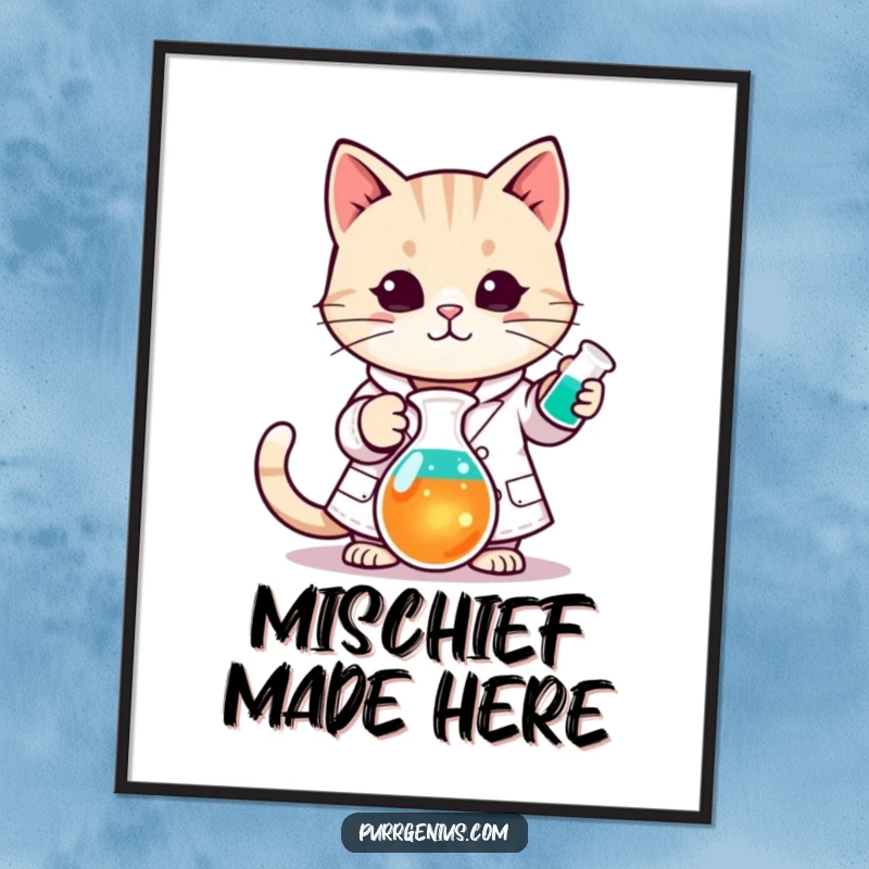 Funny Kawaii cat in a lab coat stirring a colorful beaker, presented as humorous wall art on a poster.