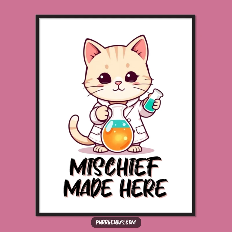 Funny Kawaii Cat Scientist Poster: Hilarious Lab Art for Your Space