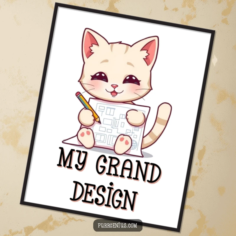 Funny Blueprint Cat Poster, featuring a cat pleased with its detailed blueprint drawing, perfect for creative spaces.