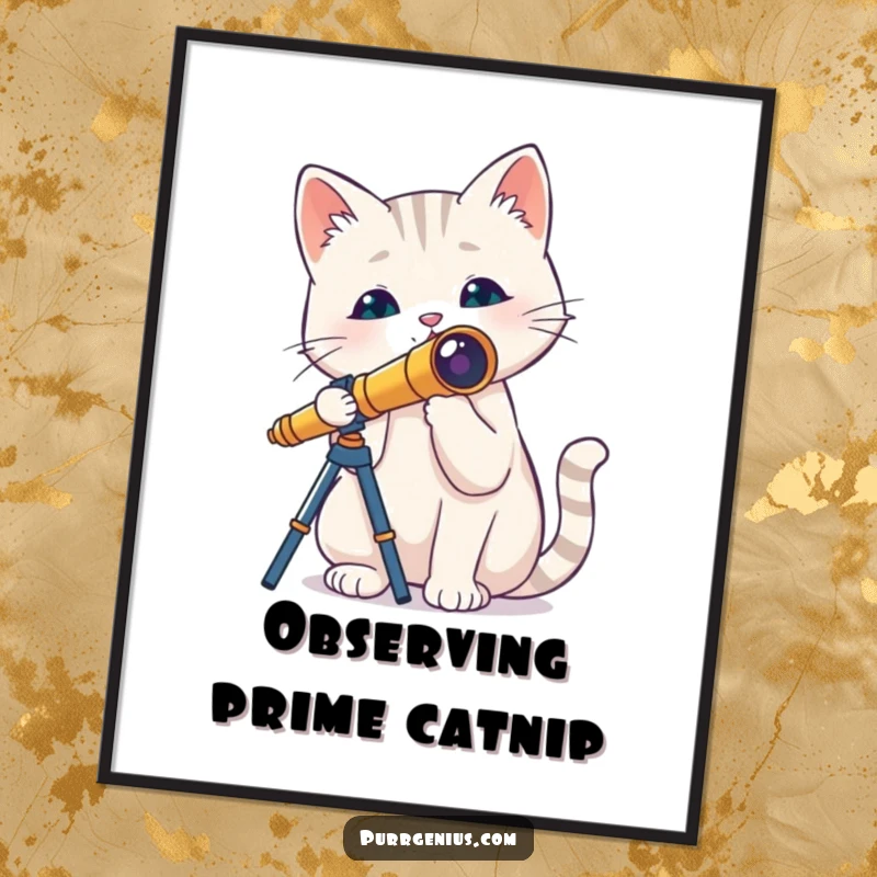 Funny cat explorer holding a tiny telescope, gazing at distant stars, printed on a poster, adding whimsical art to any room.