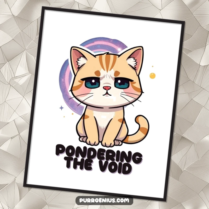 Funny cat with a furrowed brow gazing at a mesmerizing, swirling galaxy. This poster adds cosmic charm and humor.