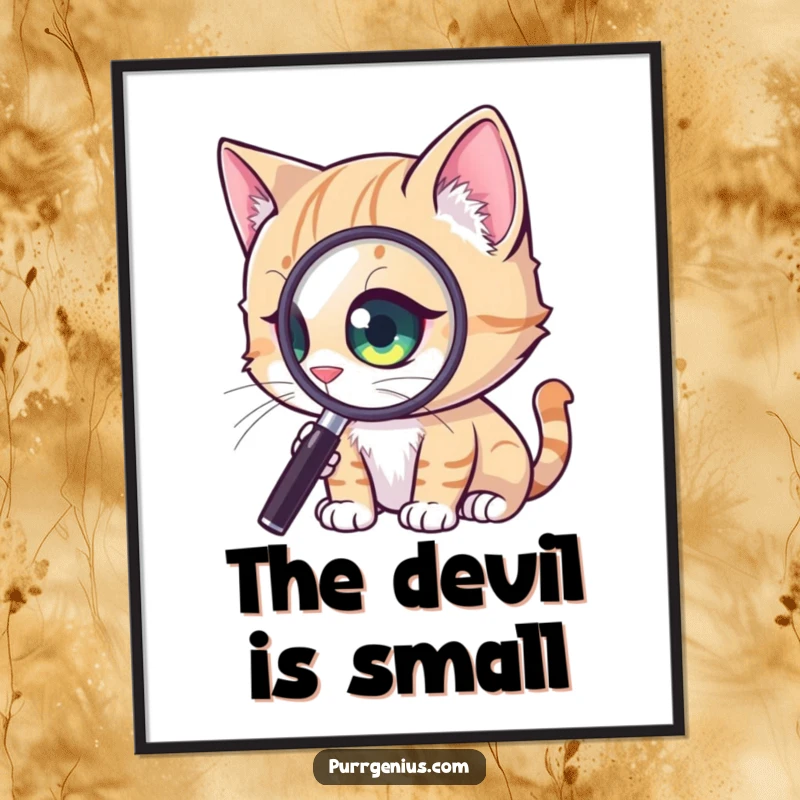 Funny Curious Cat Poster: a cat with a magnified eye intensely studying a tiny object, bringing detailed humor to any room, a great funny gift.