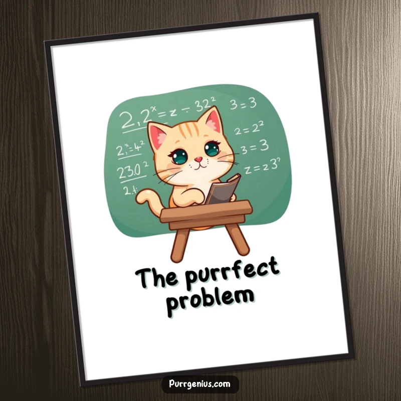 Funny poster depicting a cat engrossed in a complex chalkboard equation, symbolizing deep thought and academic pursuits.