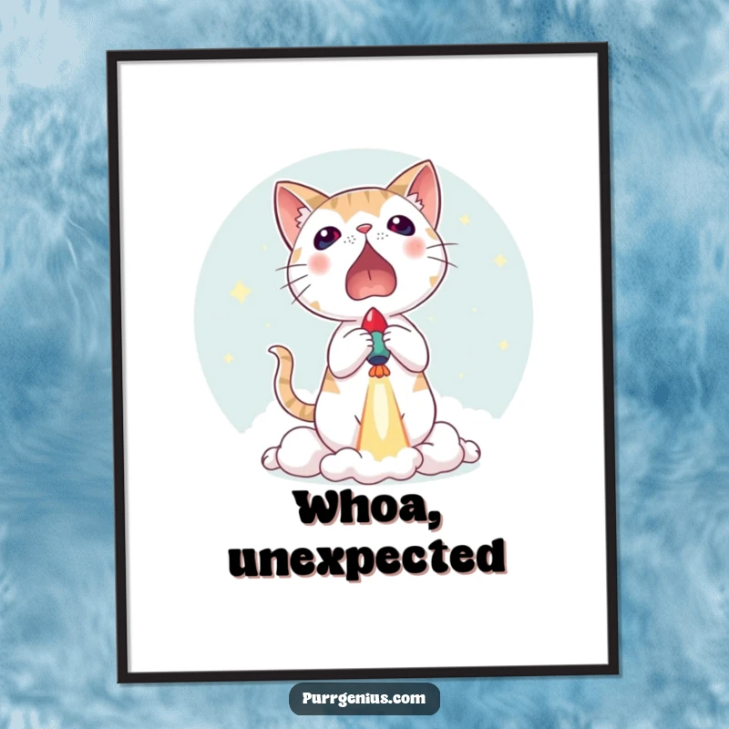 Funny poster illustrating a cat’s wide-eyed shock at a miniature rocket launching, perfect wall art for a humorous touch.