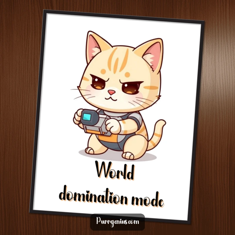 Funny Kawaii cat focused on operating a small robot, presented as humorous wall art on a poster for home decor.