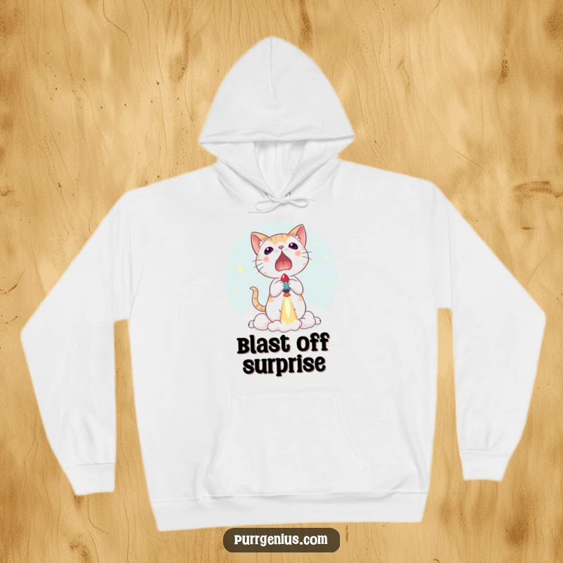 Funny hoodie featuring a startled cat witnessing a small rocket launch, providing warmth and a humorous depiction of unexpected events.