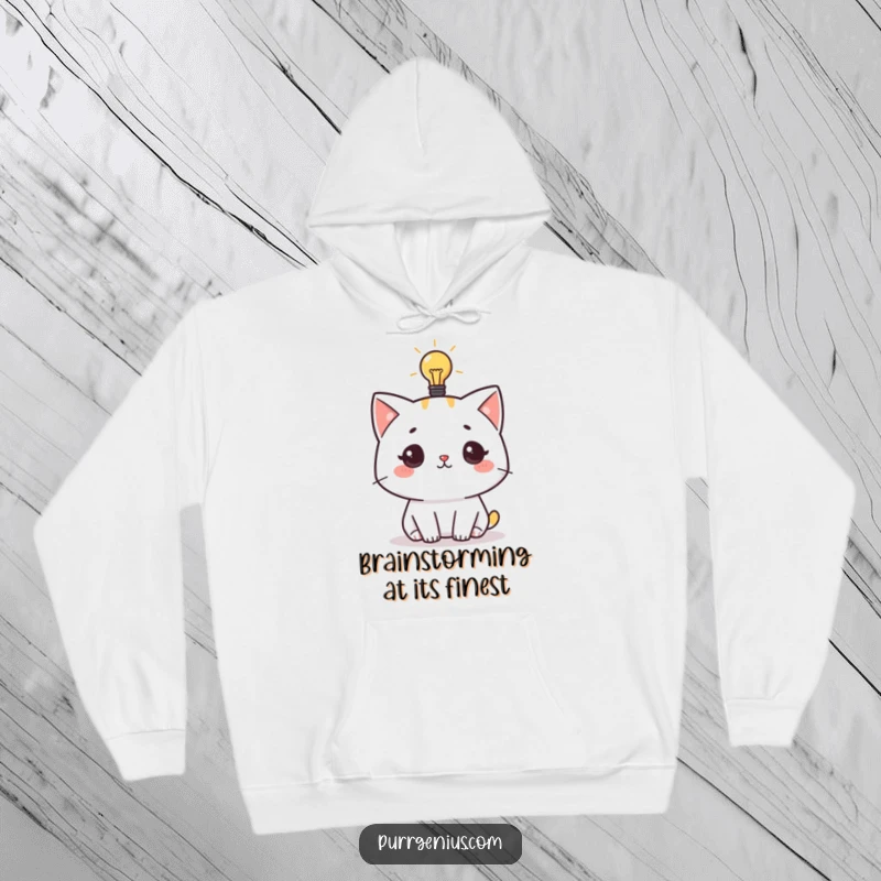 Funny hoodie featuring a cute cat character with a glowing lightbulb overhead, signifying a moment of genius and thoughtful contemplation.