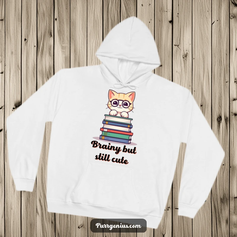 Funny hoodie with a cute cat attempting to balance numerous science books, looking a bit wobbly, a humorous take on learning.