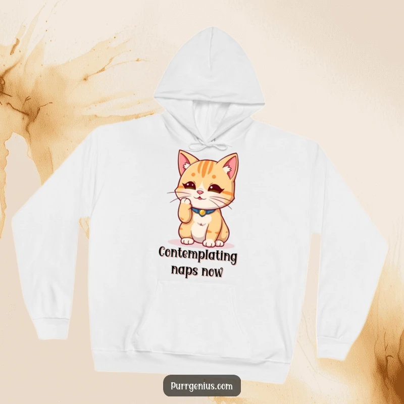Funny wise cat character thoughtfully stroking a whisker, embodying deep thinking and comfort on this hoodie.