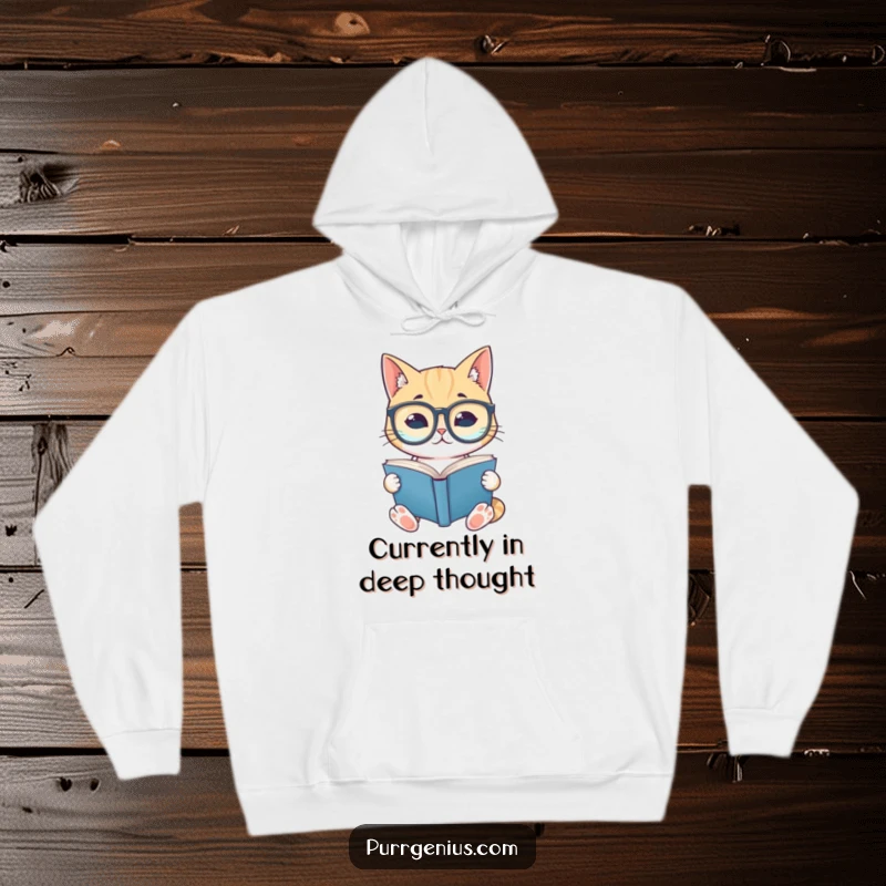 Soft, warm hoodie with a funny cat wearing big glasses, engrossed in reading, ideal for cozy days and book lovers.