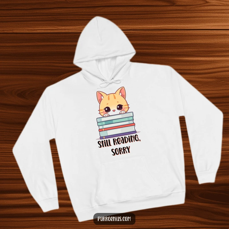 Funny Cat Book Hoodie: Cozy and warm, with a curious cat peeking from behind a stack of large books, perfect for readers.