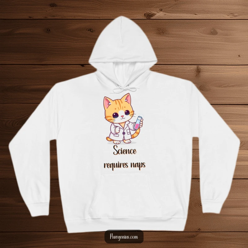 Funny cat scientist in a lab coat with a test tube, radiating intelligence and warmth on this cozy hoodie.