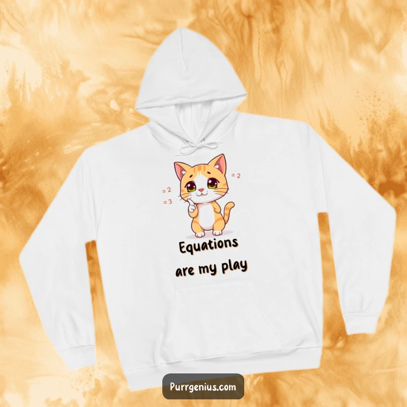 Funny hoodie depicting a cute cat character dramatically pointing at a complex equation, symbolizing academic prowess and analytical thinking.