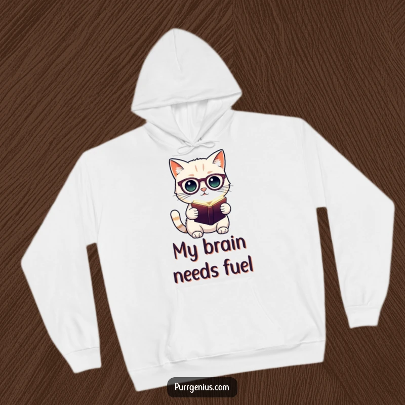 Funny hoodie with a cute cat character sporting spectacles and holding a bright, glowing book, perfect for cozy, intellectual moments.