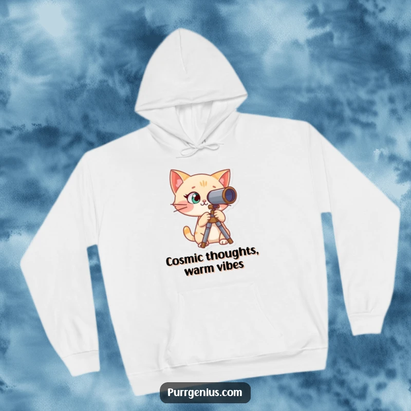 Funny hoodie featuring a curious cat character gazing through a telescope, designed for comfort during cosmic explorations.