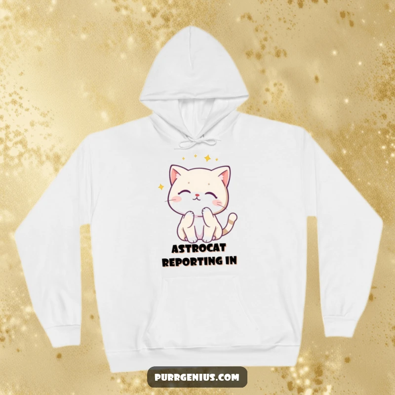 Funny Kawaii cat in a thoughtful pose looking at a constellation, featured on a cozy hoodie for warmth and humor.