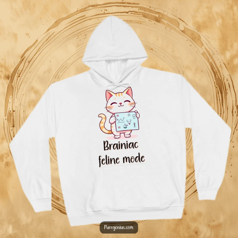 Funny Kawaii cat confidently presenting a scientific diagram, featured on a cozy hoodie for warmth and intellectual flair.