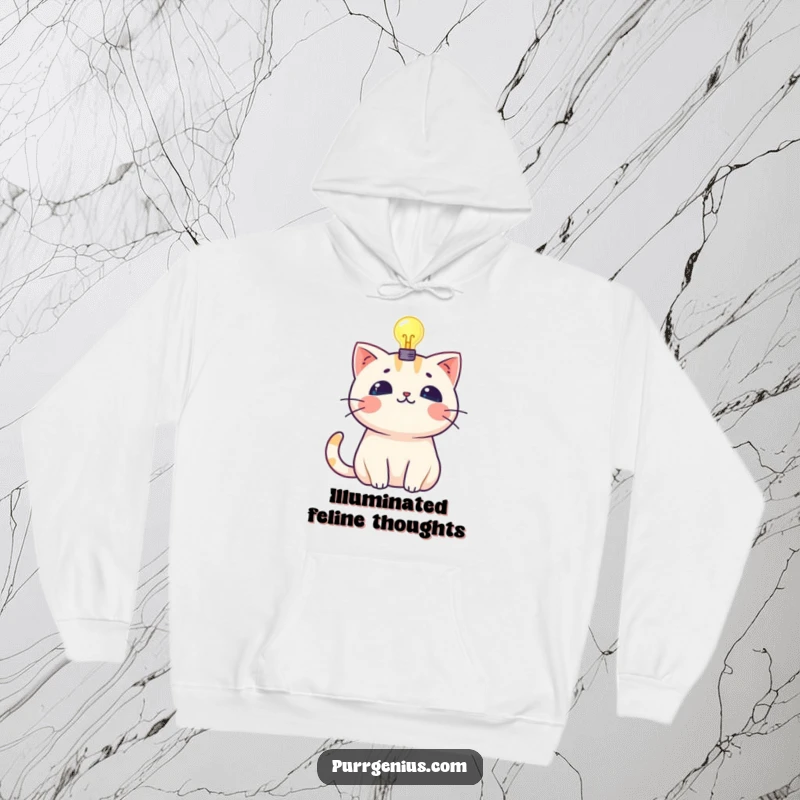 Funny kawaii cat with a glowing lightbulb symbolizing a bright idea, featured on a cozy hoodie.