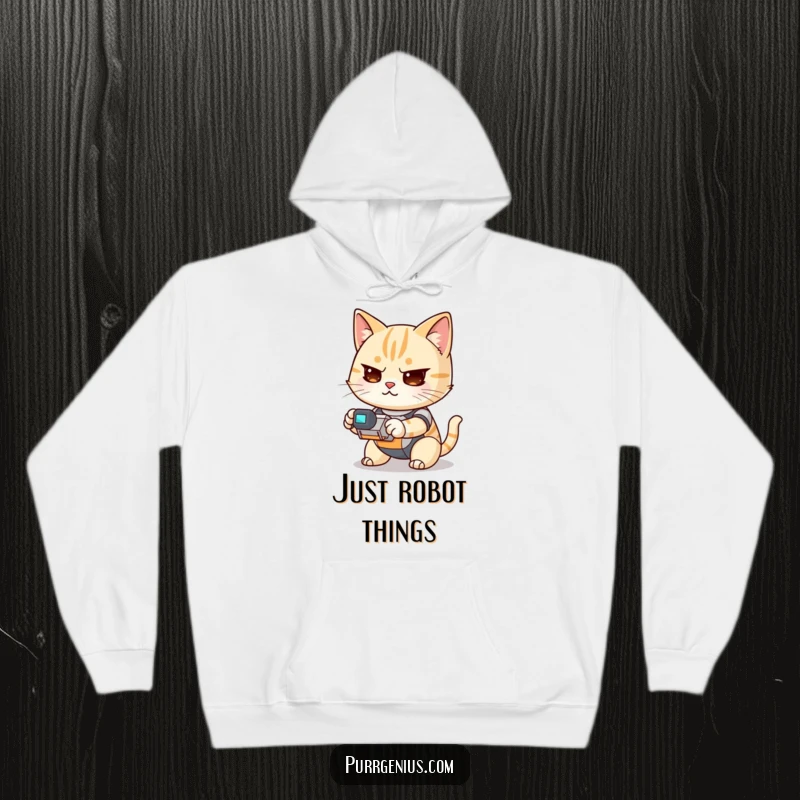 Funny Kawaii cat intently operating a small robot, depicted on a cozy hoodie, combining comfort and humor for fans.