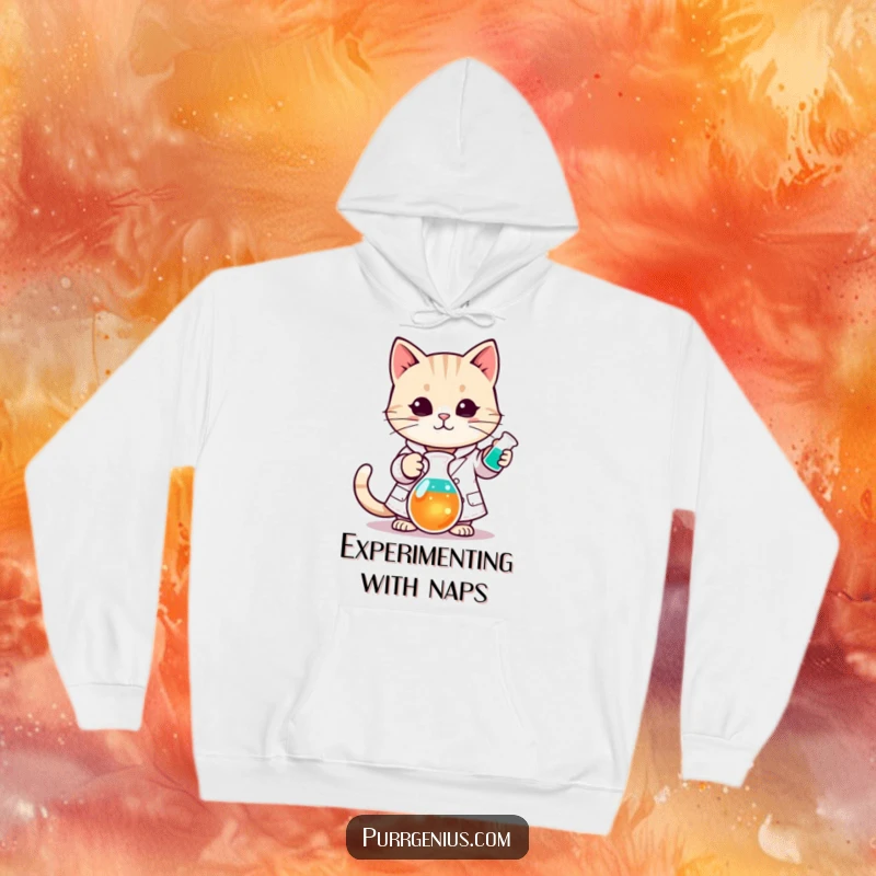 Funny Kawaii cat in a lab coat stirring a colorful beaker, featured on a cozy hoodie for warmth and scientific flair.