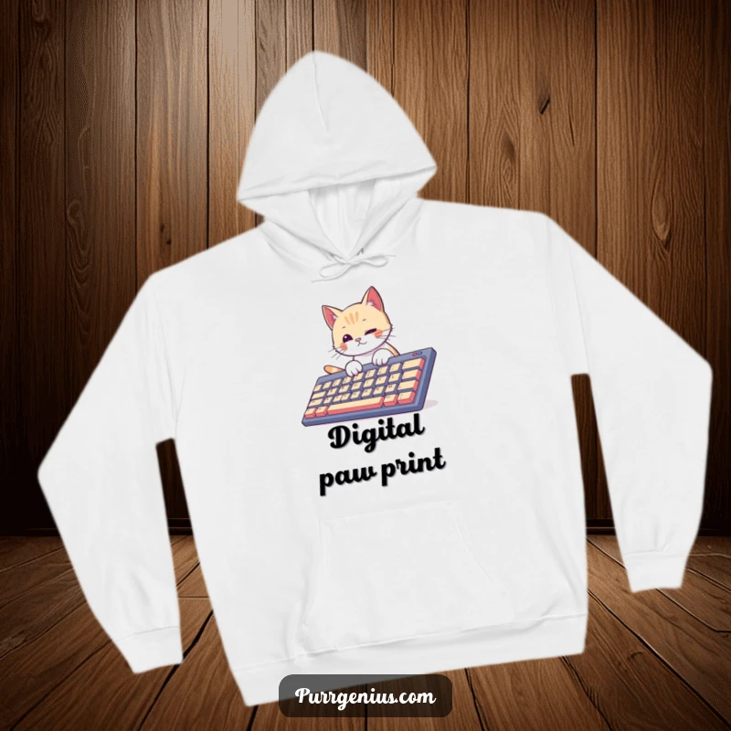 Funny curious cat typing on a massive keyboard, looking cozy and warm. This hoodie is perfect for tech lovers and cat fans.