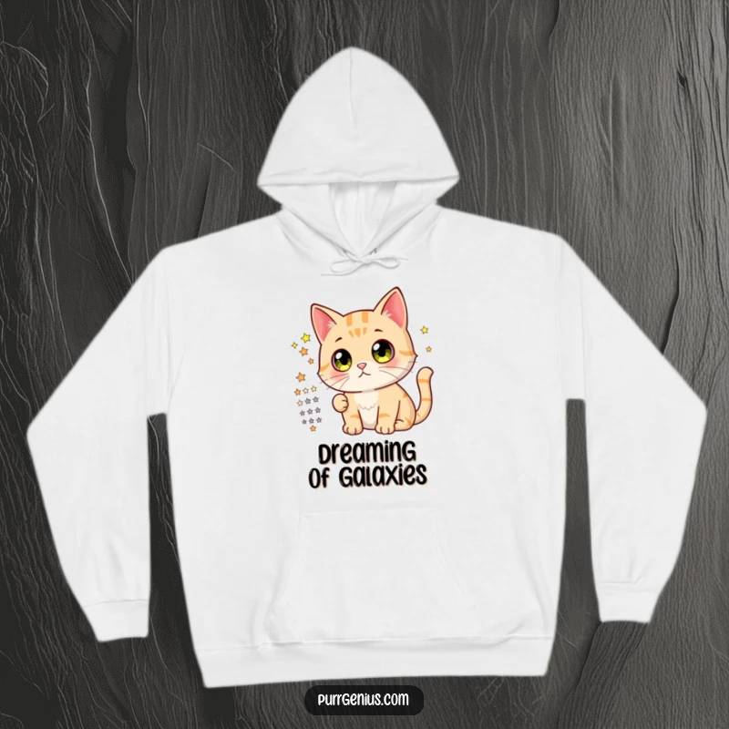 Funny hoodie with a cute cat sporting large, curious eyes, mesmerized by a detailed star chart, evoking a sense of cosmic wonder.