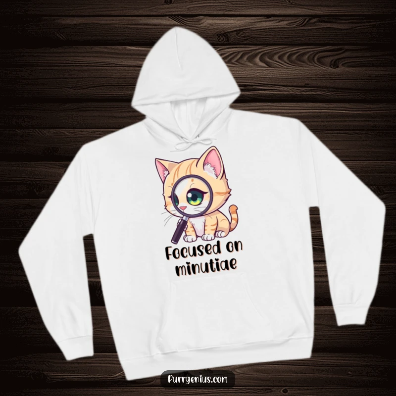 Funny Curious Cat Hoodie: a cat using a magnified eye to inspect a tiny item with deep fascination, a warm and witty funny gift.
