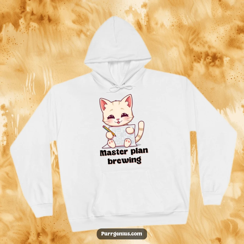 Funny Blueprint Cat Hoodie, a warm garment featuring a cat pleased with its blueprint drawing, perfect for thinkers.