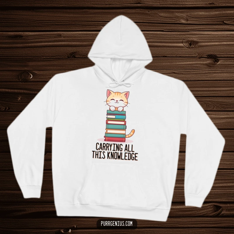 Funny Bookworm Cat Hoodie: a cat balancing books on its head, offering warmth and intellectual humor, a superb funny gift.