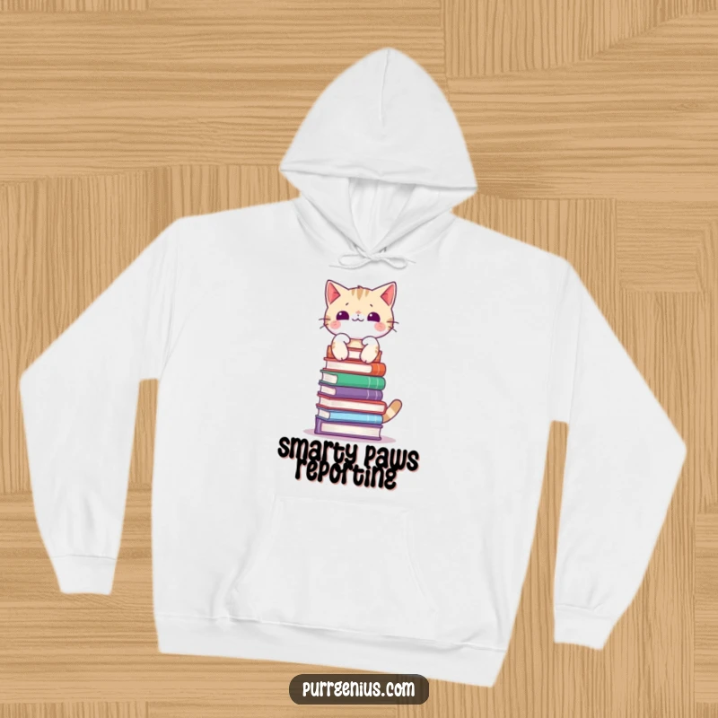Funny hoodie illustrating a cat with perfect poise balancing an impressive tower of books on its head, radiating quiet confidence.