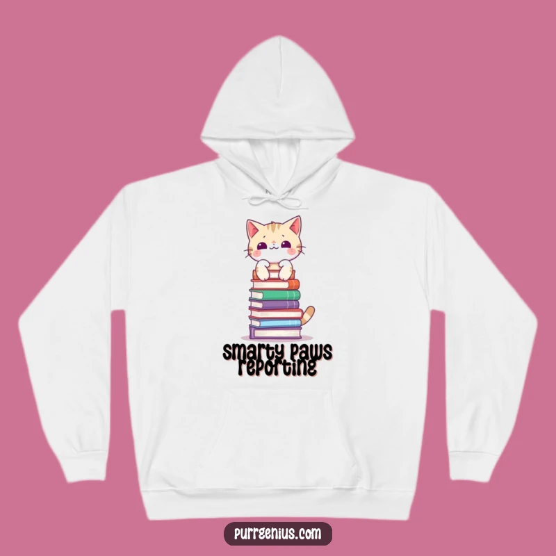 Funny Cat Balancing Books Hoodie - Cozy Pullover for Bookish Comedy Fans