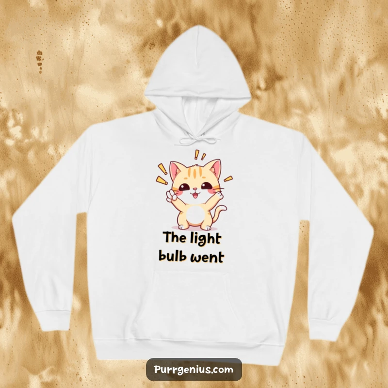 Funny hoodie with a cute cat striking a triumphant 'aha!' pose, signifying a moment of sudden insight and discovery.