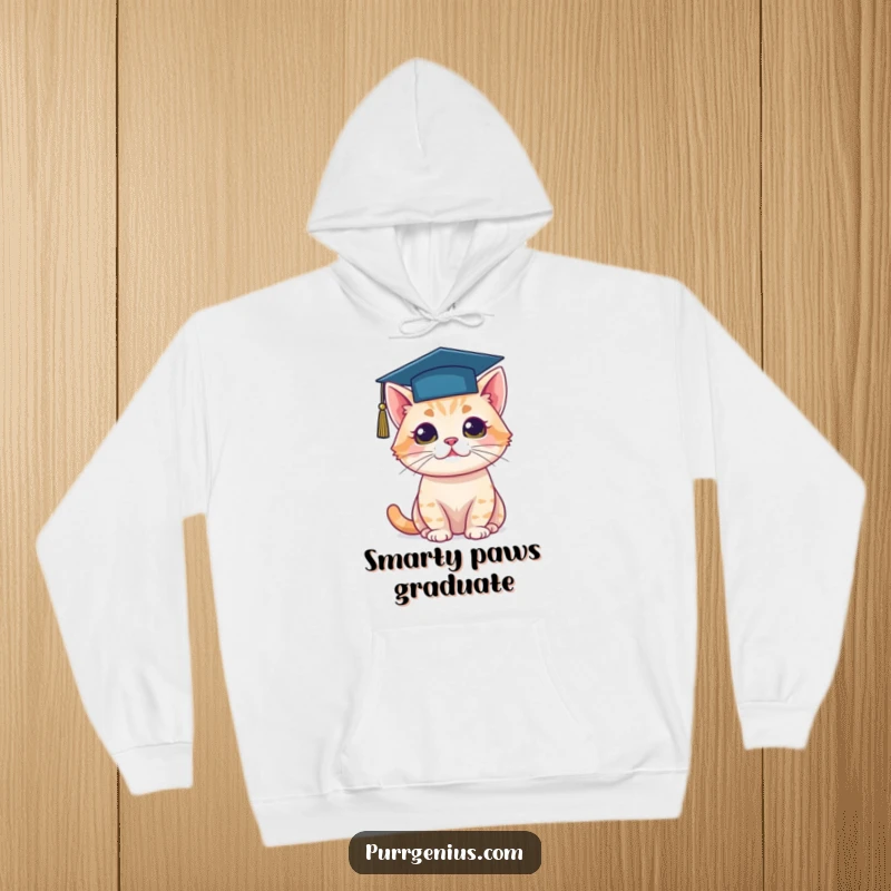 Funny hoodie showing a cat sporting a tiny graduation cap, perfect for cozy celebrations of academic success.