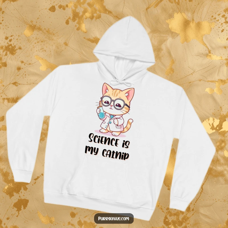 Funny cat scientist hoodie featuring a charming feline in a lab coat, examining a test tube with a curious expression.