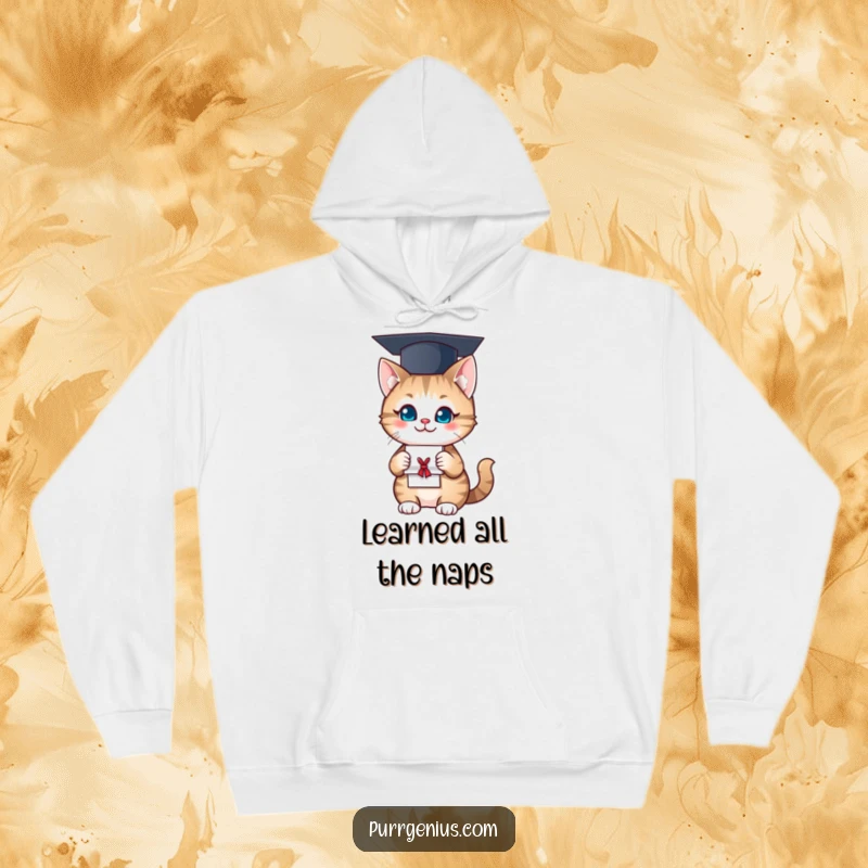 Funny Hoodie: A cap-wearing cat holding a diploma beams with pride, offering cozy comfort and humorous graduation vibes.