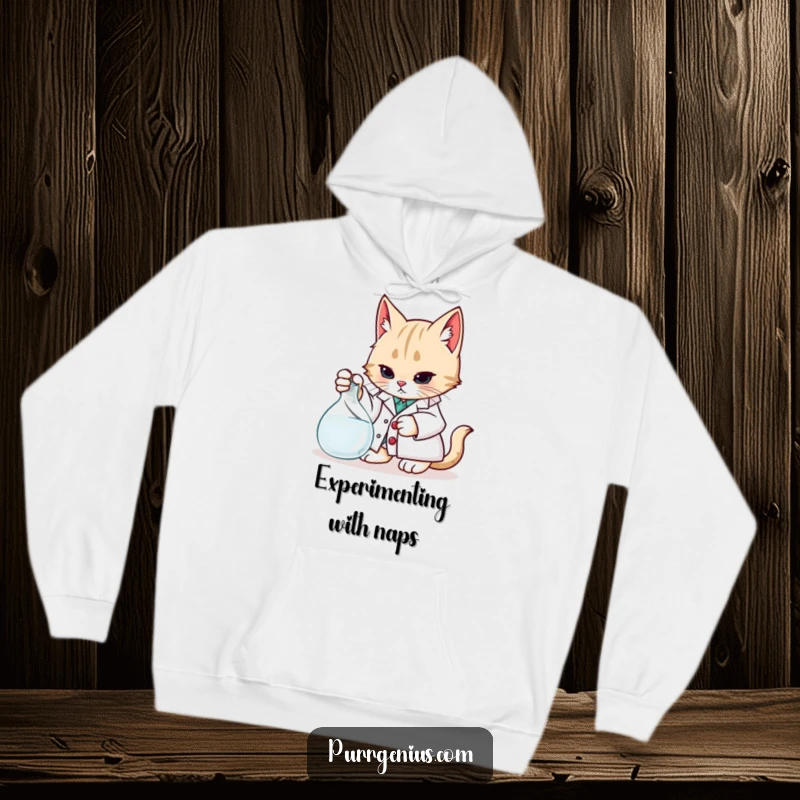 Funny Hoodie: A cat in a lab coat examining a beaker offers warm comfort and humorous scientific exploration.