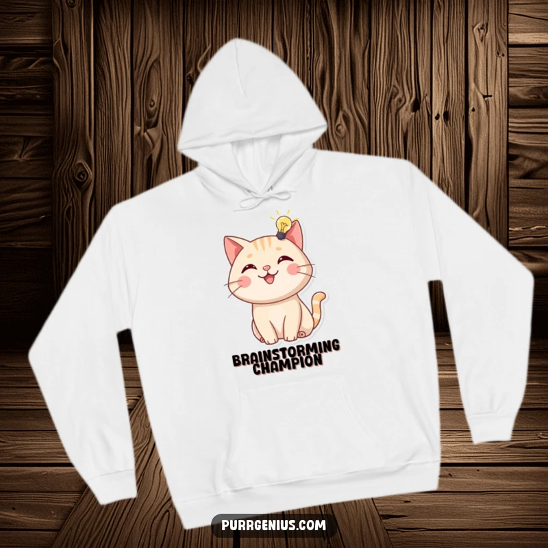 Funny Hoodie: A cheerful cat illuminated by a bright lightbulb above its head, signifying intelligent thought and creativity.