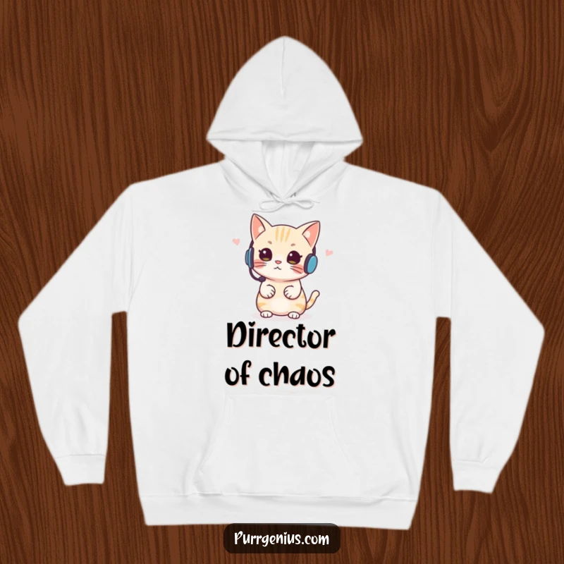 Funny Headset Cat Hoodie, a warm garment featuring a cat with a headset giving instructions, perfect for bosses.