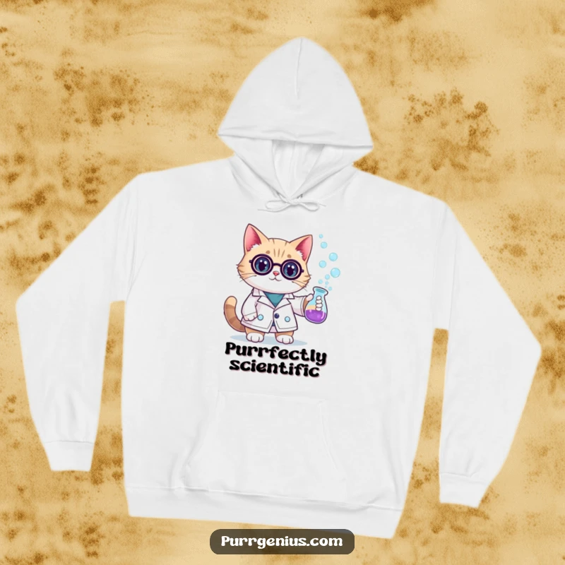 Funny scientist cat in a lab coat, holding a bubbling beaker, looking smart. This hoodie is ideal for chilly days and smart humor.