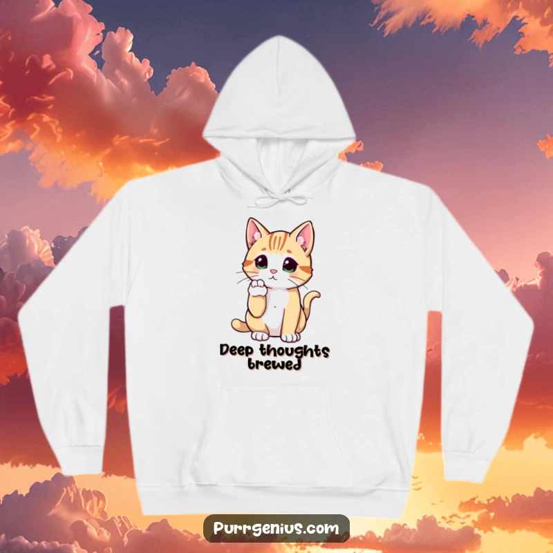 Funny Cat Hoodie depicting a cat with a raised paw, looking incredibly thoughtful and introspective, perfect for funny pondering.