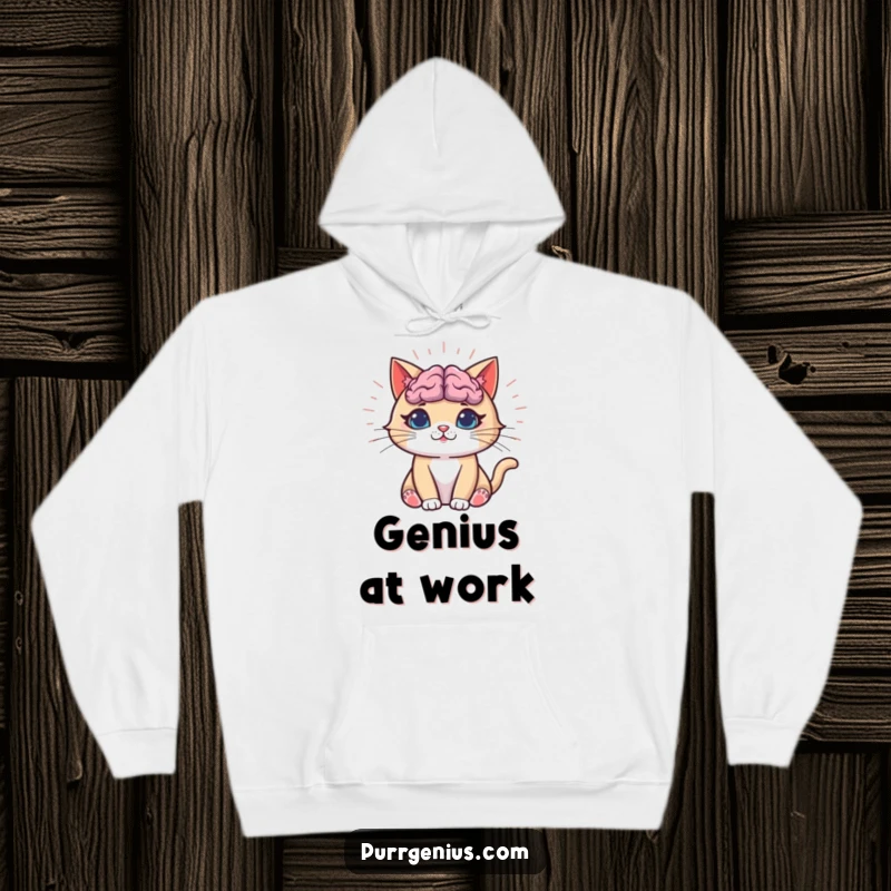 Funny Cat Hoodie featuring a cat with a vividly glowing brain radiating beams of light, representing profound funny knowledge.