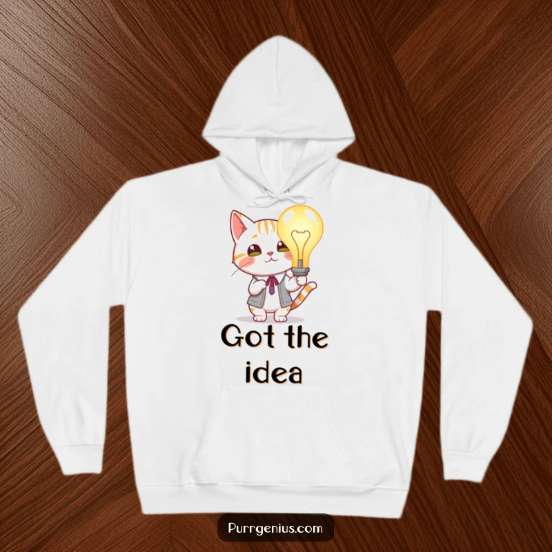 Funny Cat Lightbulb Hoodie: Scholarly cat proudly presenting a glowing lightbulb, offering warmth and intellectual humor.