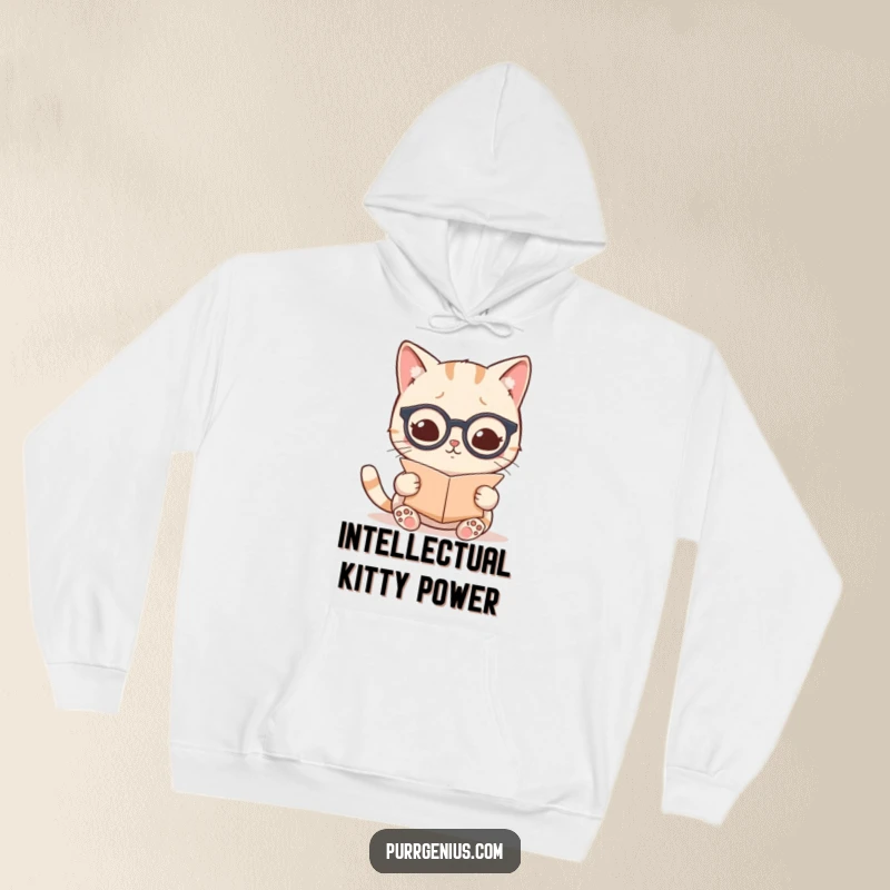 Funny kawaii cat in tiny spectacles reading a scroll, featured on a cozy and wise hoodie.