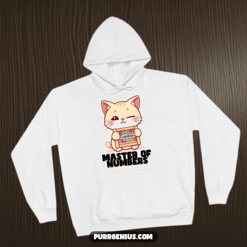 Funny Hoodie: A winking cat holds a tiny abacus, exuding intelligence and playful charm, perfect for cozy contemplation.