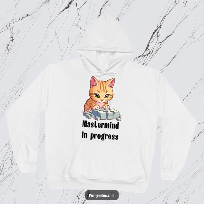 Funny hoodie featuring a cat deeply focused on solving a complicated jigsaw puzzle, offering warmth and humor for the wearer.