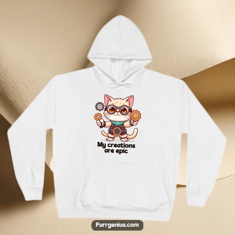Funny hoodie depicting a cute cat character in a dynamic inventor pose with gears, symbolizing mechanical genius and creative power.