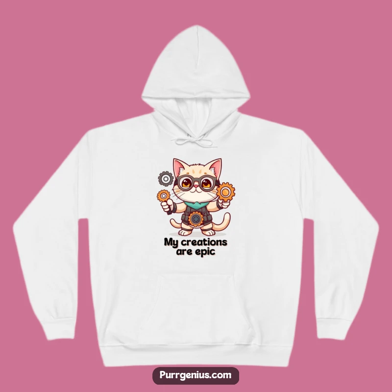 Cozy Funny Cat Inventor Hoodie: Feline Pose Gears Warm Gift