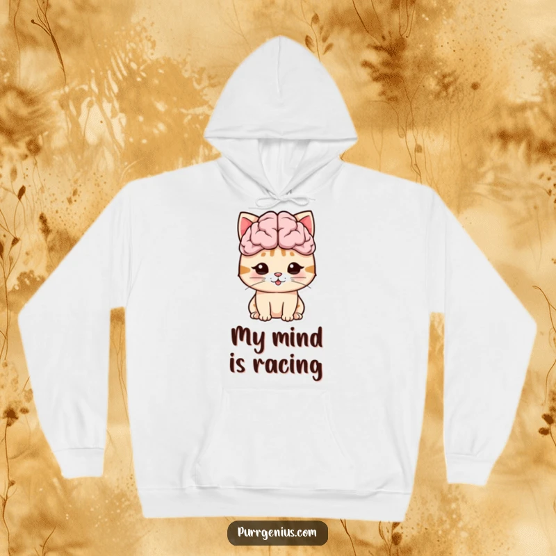 Funny cat character with an oversized brain symbol, radiating intelligence and warmth on this comfortable hoodie.