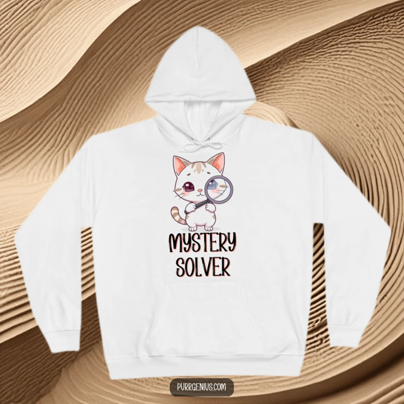 Funny Cat Hoodie: A warm hoodie print featuring a clever cat holding a magnifying glass, intently investigating, perfect for cozy deduction.