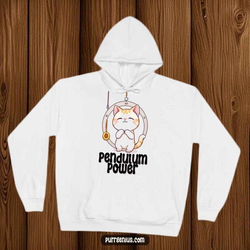 Funny cat batting at a dangling pendulum, symbolizing time. This hoodie is perfect for cozy, playful moments.